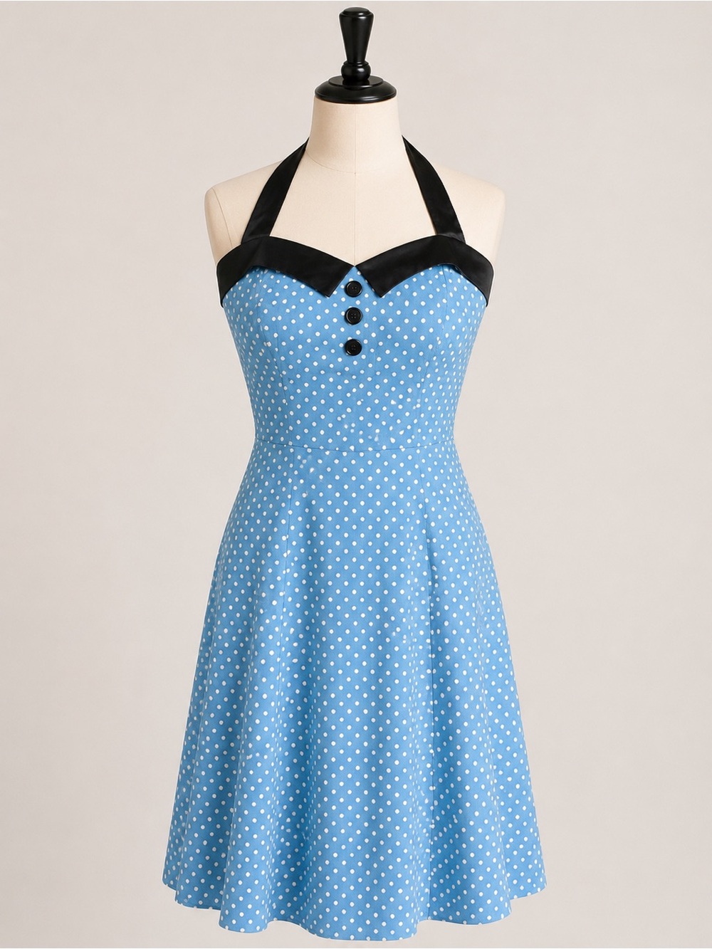 Dressystar Rockabilly Pin-Up Halter Dress – Blue & White Polka Dot Side Zipper